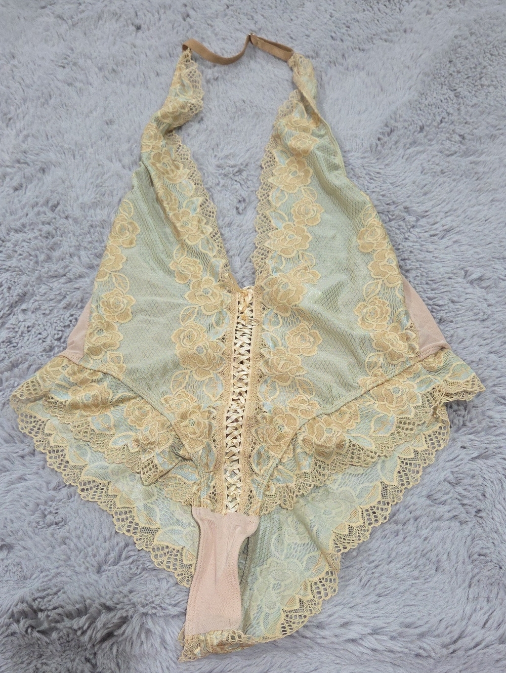 Starline Sheer Lace Halter Teddy in Tam and Mint